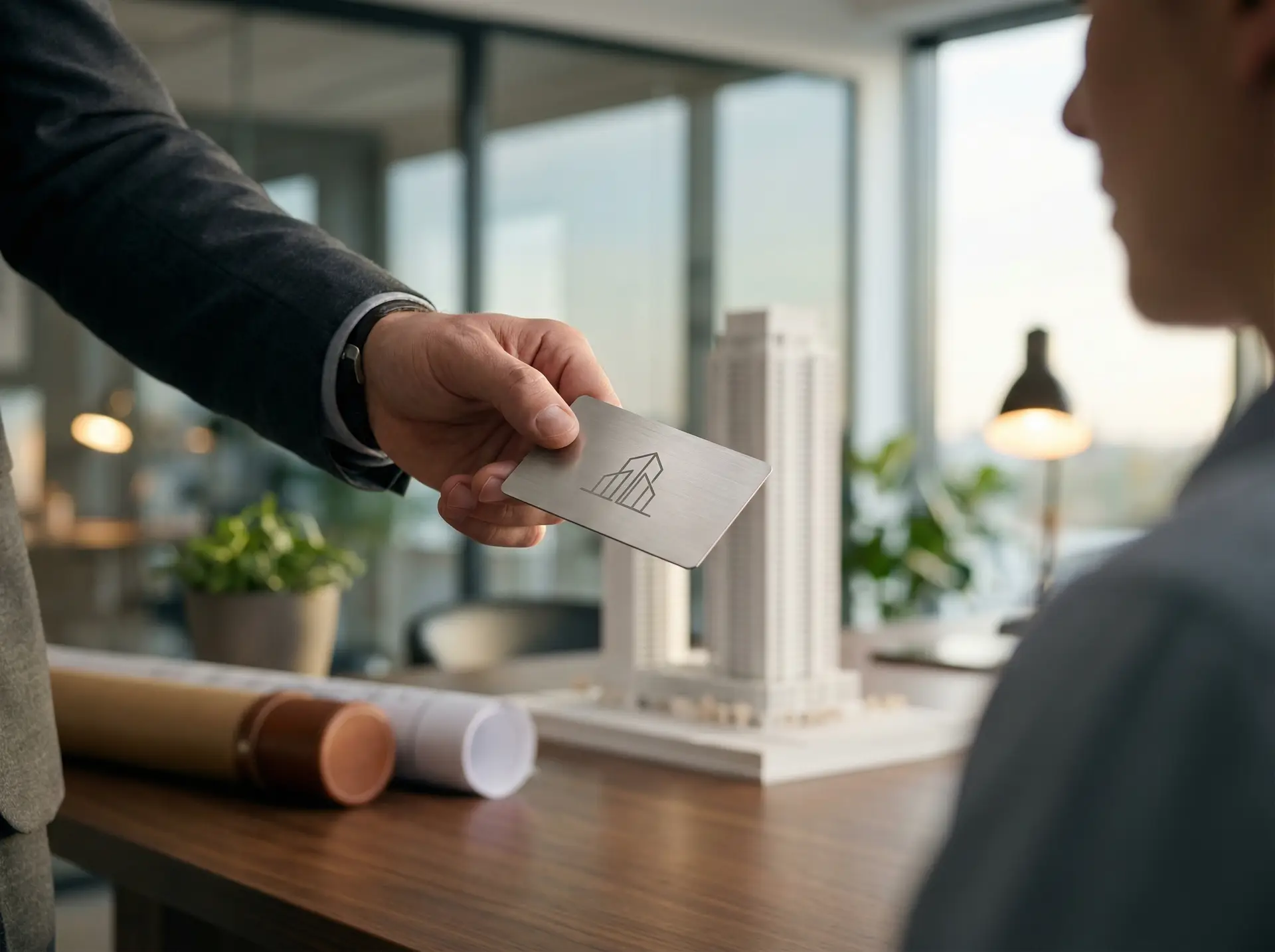 Arquitecto entregando tarjeta metálica NFC a cliente en despacho de arquitectura moderno