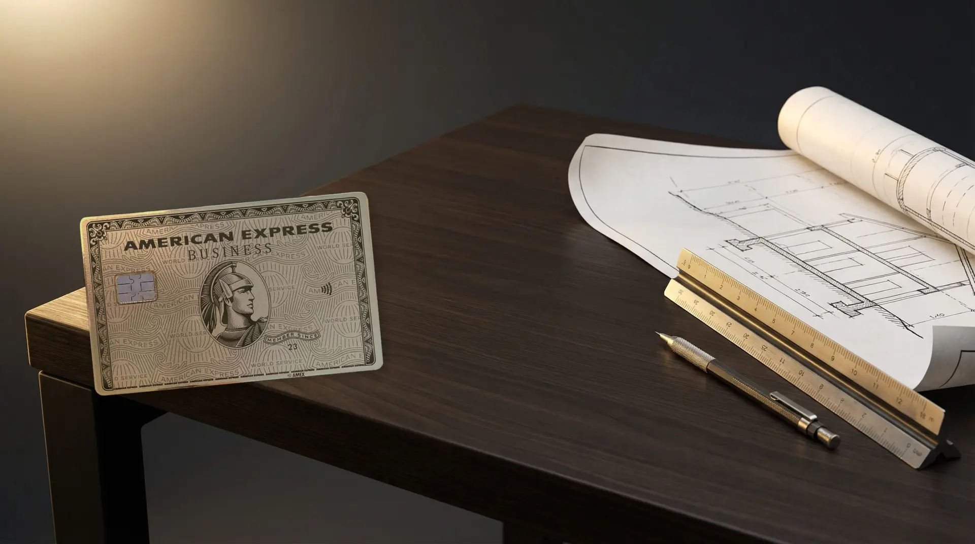 Tarjeta metálica American Express Business Gold real sobre escritorio de arquitecto con planos y herramientas — fabricada por Luxury Steel Cards